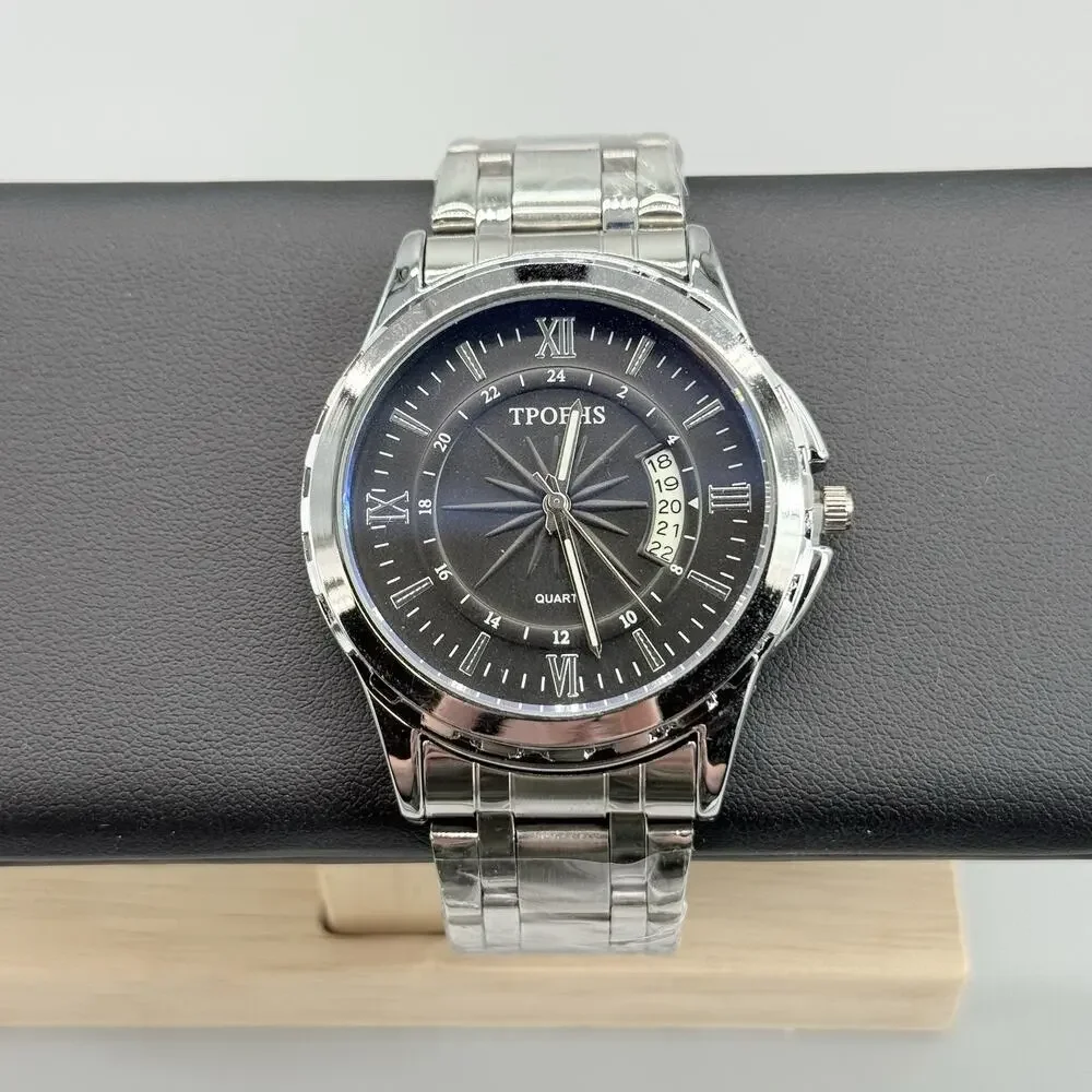 Trophas Men's Silver Tone Quartz Watch Black Dial Roman Numeral Date Window